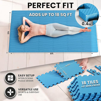 bemaxx Gym Mats Set - 18 pcs EVA Interlocking Foam Floor Tiles (12.6"x12.6"x0.4") 18sqft Protective Gym Flooring Sports Home Workout Exercise Mats Puzzle Garage Fitness Play-Room Pool Treadmill Bike