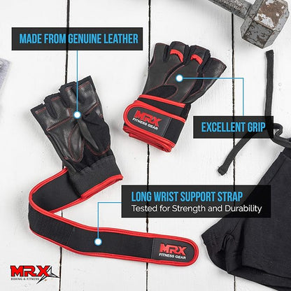 MRX Weight Lifting Pro Level Gloves with 18 Inches Long Wrist Strap Gym Workout Exercise & Fitness in