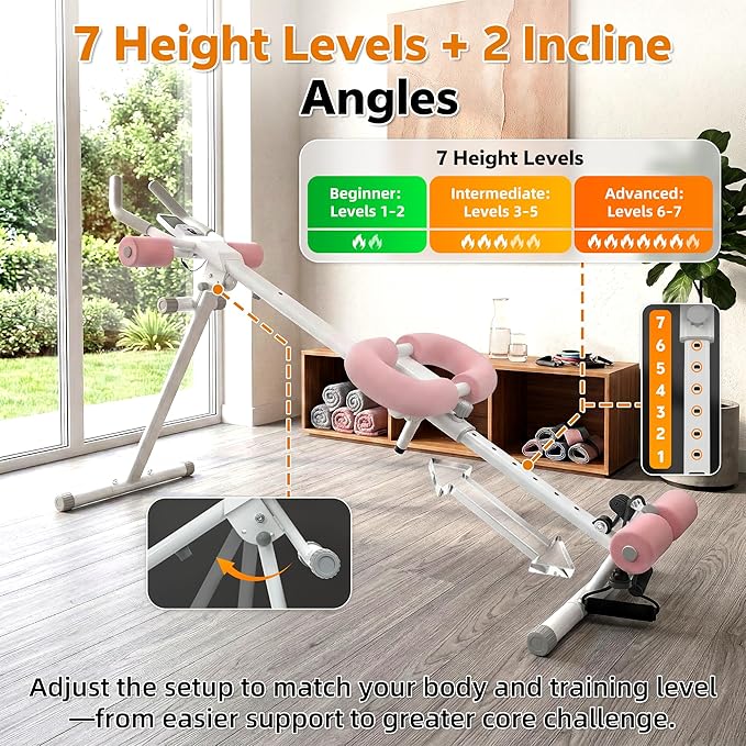 Multifunctional Ab Machine, 6-in-1 Ab Workout Equipment for Home Gym, Adjustable Core & Waist Trainer with 7 Height Levels & 2 Incline Angles, Rowing Mode, Knee Glider