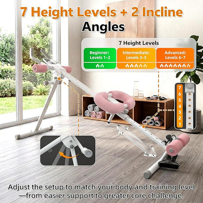 Multifunctional Ab Machine, 6-in-1 Ab Workout Equipment for Home Gym, Adjustable Core & Waist Trainer with 7 Height Levels & 2 Incline Angles, Rowing Mode, Knee Glider
