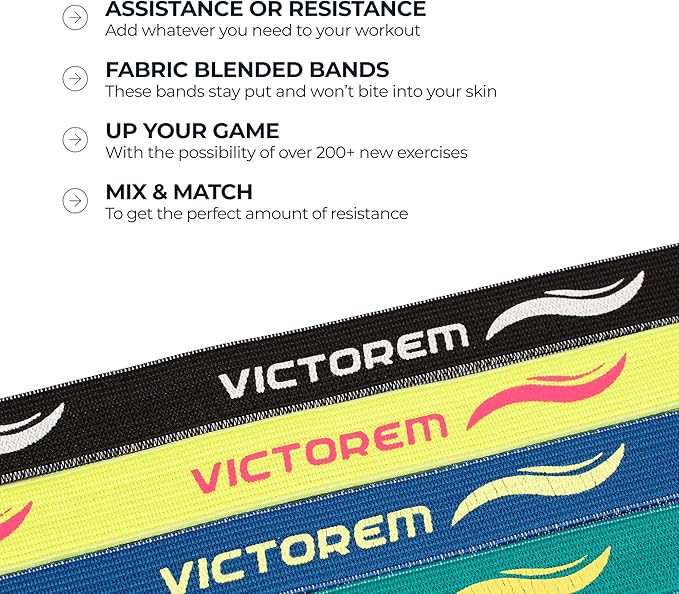 Victorem Pull Up Assistance Bands Set - Set of 4 Long Fabric Resistance Bands for Home - Sturdy Stretchy Equipment for Home Exercise and Stretching - Perfect for Fitness with Bag and Workout Guide