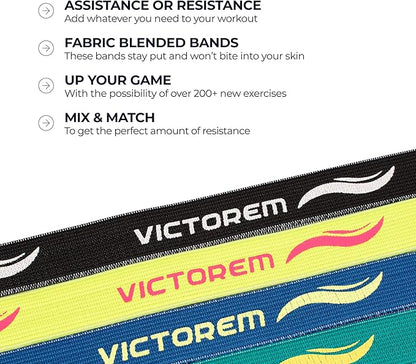 Victorem Pull Up Assistance Bands Set - Set of 4 Long Fabric Resistance Bands for Home - Sturdy Stretchy Equipment for Home Exercise and Stretching - Perfect for Fitness with Bag and Workout Guide