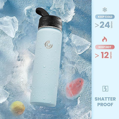 COKTIK 22oz Sports Water Bottle, Stainless Steel Water Bottle for Insulated, Reusable Travel Bottle, With Straw, With Handle Grip for Easy Carrying, Suitable for Cycling, Outdoor Vacations(FOG)