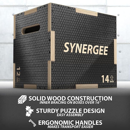 Synergee 3 in 1 Non-Slip Plyometric Box for Jump Training and Conditioning. Wooden Plyo and Soft Plyo Box All In One Jump Trainer. Sizes 20/18/16, 16/14/12