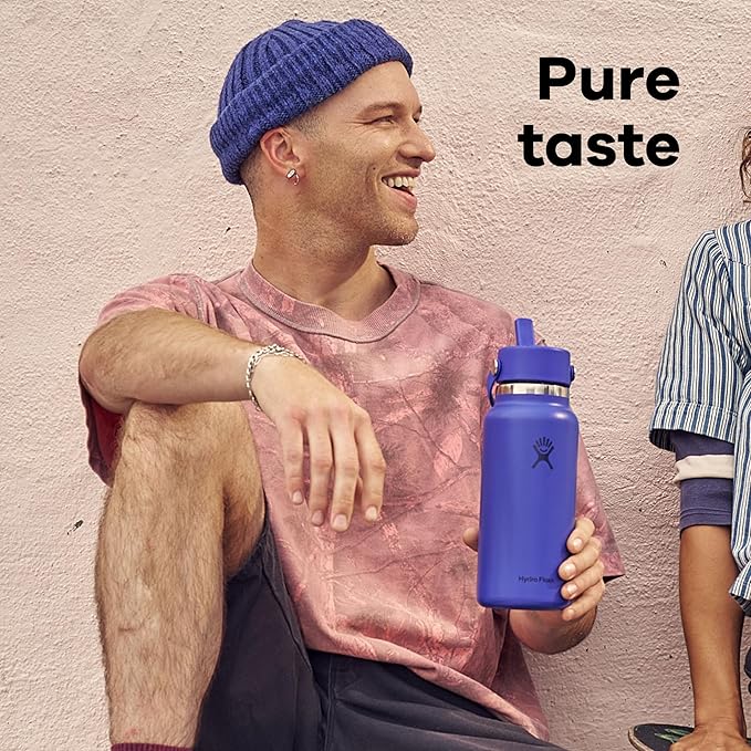 Hydro Flask Water Bottle - Insulated Stainless Steel - Wide Mouth Flex Straw Lid, Non Spill, Leakproof and Refillable in 32 Oz Tonal White