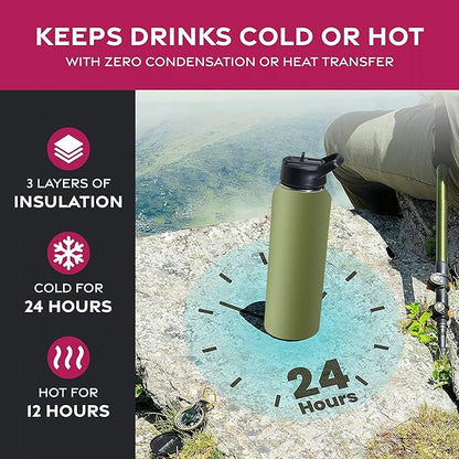 FineDine Water Bottle - Stainless Steel Insulated Water Bottle with Straw Lid, Flip Lid & Wide-Mouth Cap - Keeps Hot and Cold - 40 Oz / 1.18L - Army Green