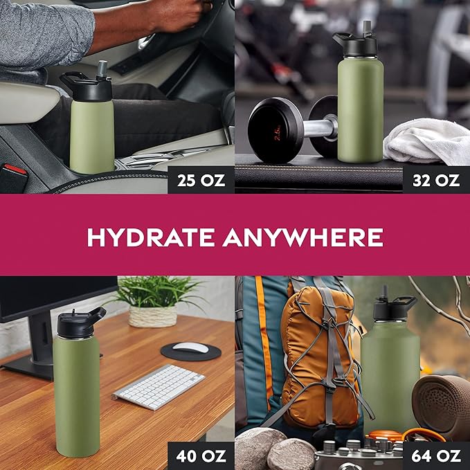 FineDine Water Bottle - Stainless Steel Insulated Water Bottle with Straw Lid, Flip Lid & Wide-Mouth Cap - Keeps Hot and Cold - 32 Oz / 946ml - Army Green