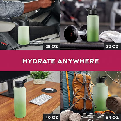 FineDine Water Bottle - Stainless Steel Insulated Water Bottle with Straw Lid, Flip Lid & Wide-Mouth Cap - Keeps Hot and Cold - 25 Oz / 739ml - Dreamy Green