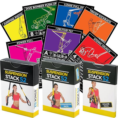 Stack 52 Suspension Exercise Cards TRI Pack. Compatible with All Suspension Trainers. Suspended Bodyweight Resistance Workout Game. Video Instructions Included. Fun at Home Fitness Training Program.
