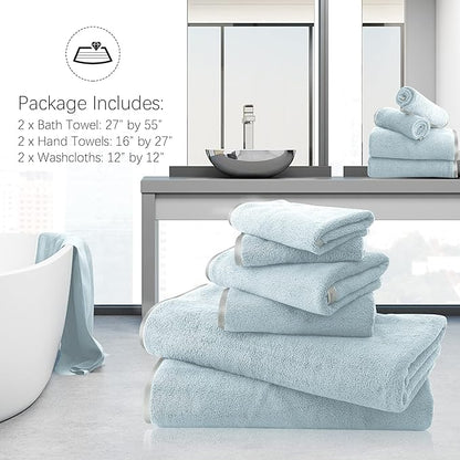 TENSTARS Microfiber Coral Velvet Luxury Silk Hemming Towel Set - Light Teal, 2 Bath Towels, 2 Hand Towels, 2 Washcloths - Ultra Soft, Absorbent, Quick Drying, Easy to Wash