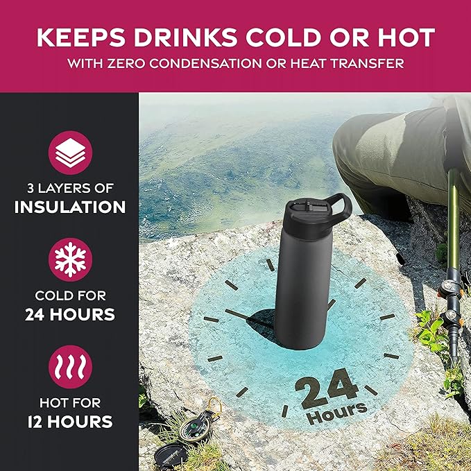 FineDine 25 Oz Insulated Water Bottle with Straw - Triple Walled Stainless Steel Metal Bottle W/ 3 Leak Proof Lids - For Travel, School, Sports, Gym/Men, Women & Kids - Inky Raven Black