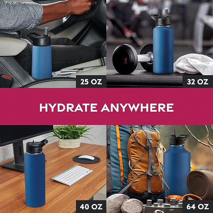 FineDine Triple Walled, Insulated Water Bottles with Straw - 32 Oz Stainless Steel Metal Bottle W/ 3 Leak Proof Lids - For Travel, School, Sports, Gym/Men, Women & Kids - Majestic Sapphire