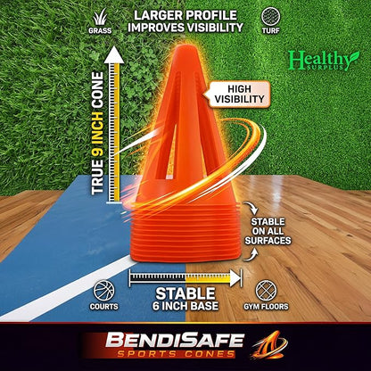 Soccer Training Cones Set of 12 - Flexible Agility Marker Cones for Soccer, Football & Basketball Drills- 9” Tall with 6” Base – High Visibility Orange Field Marker Cones - Made in USA - BendiSafe