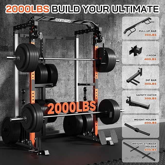 Power Cage, Power Rack with Dual Pulley System, Multi-Function Squat Rack with Cable Crossover, Home Gym Workout Machine
