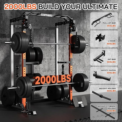 Power Cage, Power Rack with Dual Pulley System, Multi-Function Squat Rack with Cable Crossover, Home Gym Workout Machine