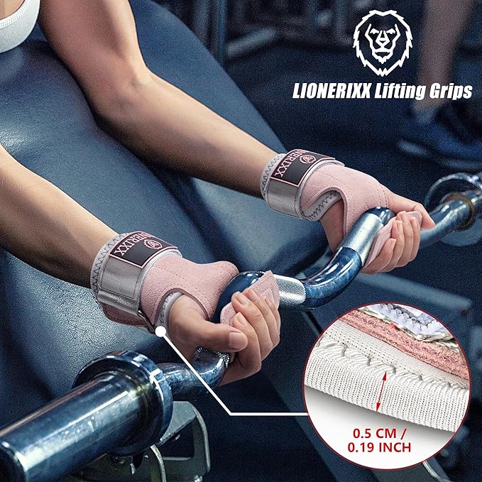 Pink Wrist Straps for Weightlifting Women - Dual Layer Leather Workout Grips for Deadlift and Powerlifting – Non-Slip Hand Wraps for Weight Lifting with Storage Bag