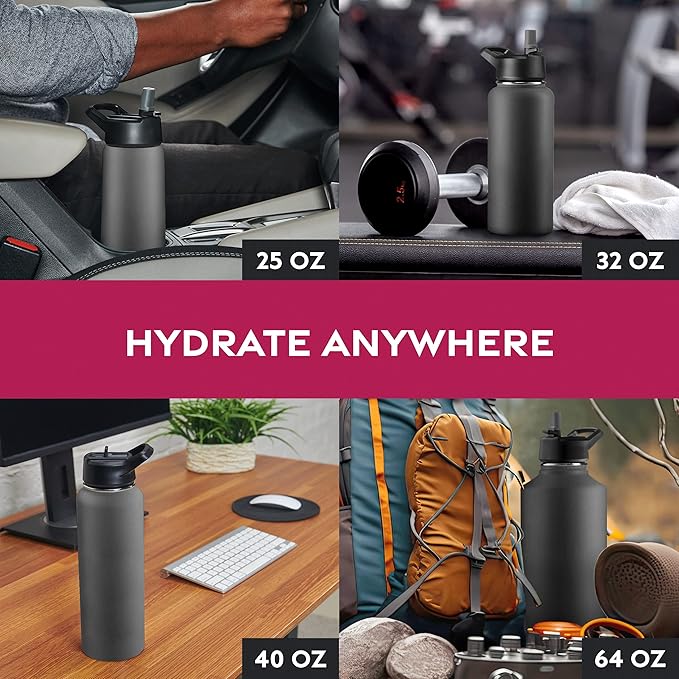 FineDine 25 Oz Insulated Water Bottle with Straw - Triple Walled Stainless Steel Metal Bottle W/ 3 Leak Proof Lids - For Travel, School, Sports, Gym/Men, Women & Kids - Inky Raven Black