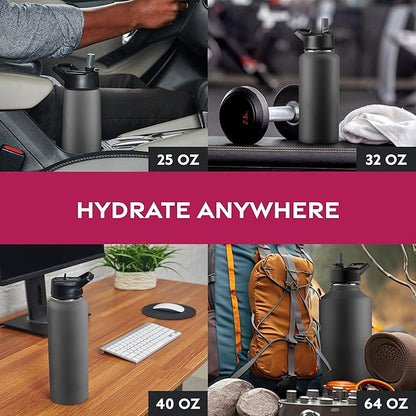FineDine 25 Oz Insulated Water Bottle with Straw - Triple Walled Stainless Steel Metal Bottle W/ 3 Leak Proof Lids - For Travel, School, Sports, Gym/Men, Women & Kids - Inky Raven Black