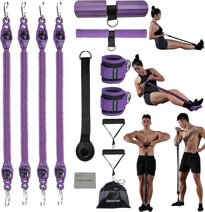 Pedal Resistance Band, Rebomer Exercise Band Home Fitness Band for Working Out, 4-Tube Elastic Sit Up Pull Rope for Men Women, Multifunction Tension Rope for Strength Training/Yoga with 2 Ankle Straps