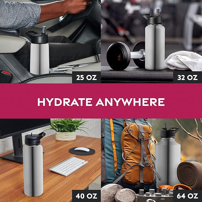 FineDine Water Bottle - Stainless Steel Insulated Water Bottle with Straw Lid, Flip Lid & Wide-Mouth Cap - Keeps Hot and Cold - 32 Oz / 946ml - Brushed Stainless Steel