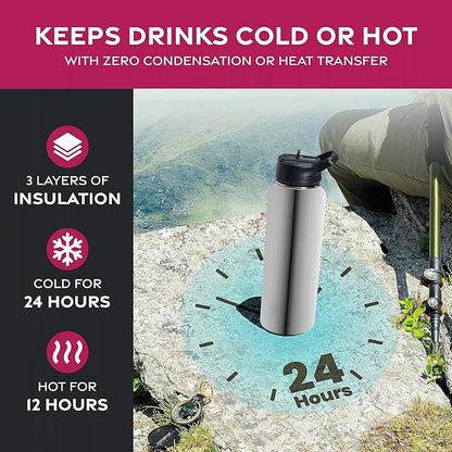FineDine Water Bottle - Stainless Steel Insulated Water Bottle with Straw Lid, Flip Lid & Wide-Mouth Cap - Keeps Hot and Cold - 40 Oz / 1.18L - Brushed Stainless Steel