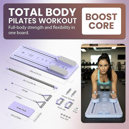 Premium Pilates Reformer Board with Resistance Bands Set – Foldable Home Pilates Machine with Push-Up Bars, Pilates Bar & Fabric Bands for Full-Body Workout, Core Strength & Glute Training