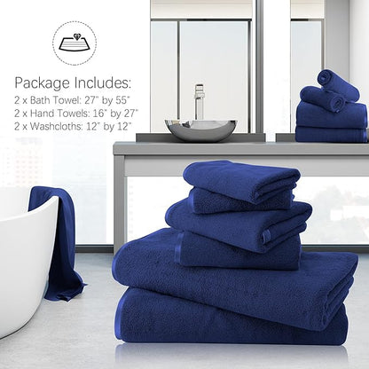 TENSTARS Luxury Silk Hemming Towel Set - Light Thin Quick Drying - 2 Bath Towels 2 Hand Towels 2 Washcloths - Ultra Soft Microfiber Towel for Bath Fitness, Sports, Yoga, Travel (Navy Blue 6 Pieces)