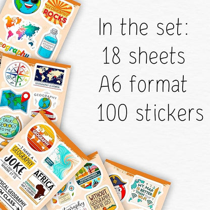 100Pcs Geography Stickers for Water Bottle, Laptop, Geography Gifts - Map, Globe, Social Studies Stickers Gifts - Gift for Women & Men