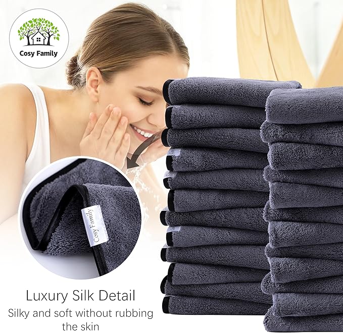 Cosy Family 24 Pack Soft Washcloths Set - 12 x 12 inches, Quick Drying - Highly Absorbent Coral Velvet Fingertip Towel Bathroom Wash Clothes for Bath, Spa, Facial, Kitchen - Dark Grey