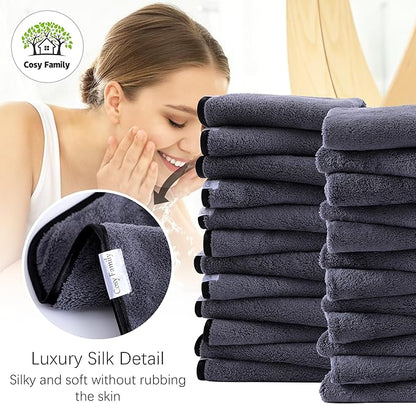 Cosy Family 24 Pack Soft Washcloths Set - 12 x 12 inches, Quick Drying - Highly Absorbent Coral Velvet Fingertip Towel Bathroom Wash Clothes for Bath, Spa, Facial, Kitchen - Dark Grey