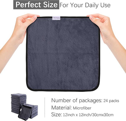 Cosy Family 24 Pack Soft Washcloths Set - 12 x 12 inches, Quick Drying - Highly Absorbent Coral Velvet Fingertip Towel Bathroom Wash Clothes for Bath, Spa, Facial, Kitchen - Dark Grey