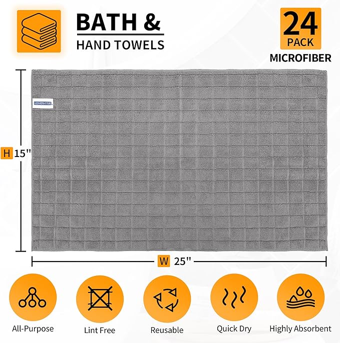 HOMERHYME Hand Towels for Bathroom, 24 Pack 25''*15'' Microfiber Grey Bath Hand Towels, Quick Dry Lint Free Soft Absorbent Bulk Washcloths Decorative Fingertip Towels for Hotel Travel Kitchen