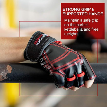 Dark Iron Fitness Genuine Leather Gym Gloves for Men Women, Wrist Wrap Support Workout Gloves for Weight Lifting Crossfit Deadlift Barbell Exercise Palm Padding Callus Protection Grips