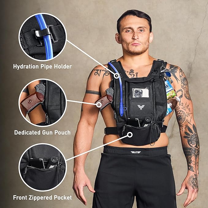 Elite Hydra Running Chest Pack w/ Gun Holster, Phone Holder Touch Friendly, Camera Pocket for Men/Women Lightweight Hydration Vest Chest Rig w/ Water Bladder for Marathon, Cycling, ADV Camping, Skiing
