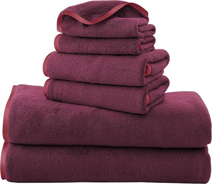 TENSTARS Microfiber Coral Velvet Luxury Silk Hemming Towel Set - Light Thin Quick Drying - 2 Bath Towels, 2 Hand Towels, 2 Washcloths - Burgundy 6 Pieces