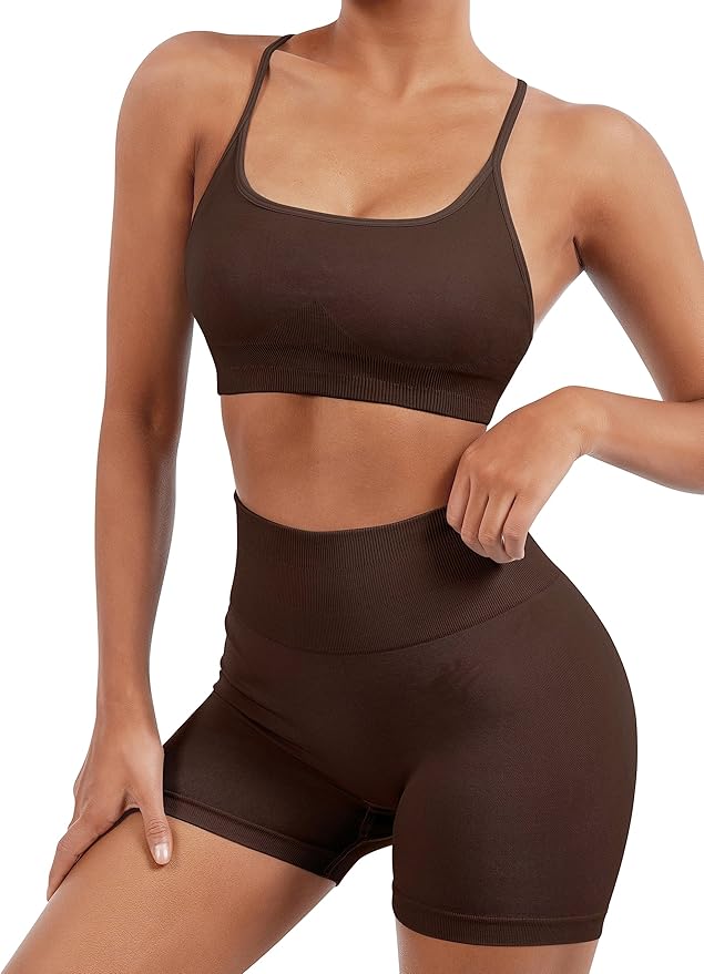SUUKSESS Women Seamless Workout Sets Strappy Sports Bra High Waist Booty Shorts Outfits