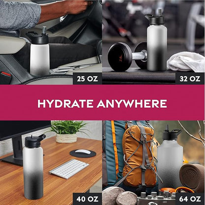 FineDine Water Bottle - Stainless Steel Insulated Water Bottle with Straw Lid, Flip Lid & Wide-Mouth Cap - Keeps Hot and Cold - 40 Oz / 1.18L - Dreamy Black-White