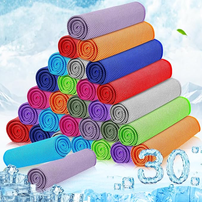 MENOLY 30 Packs Cooling Towels Bulk Gym Cooling Towels for Neck and Face Sweat Workout Cooling Neck Rags for Sports Yoga Soft Microfiber Breathable Rags for Hiking Running Fitness-Multicolor