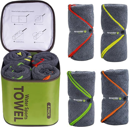 4Monster 4-Pack Quick Dry Microfiber Travel Towels – Super Absorbent, Ultra-Soft Camping Towel Set with Waterresistant Bag, Lightweight & Compact for RV, Gym, Beach, Pool, Swimming, and Family Trips
