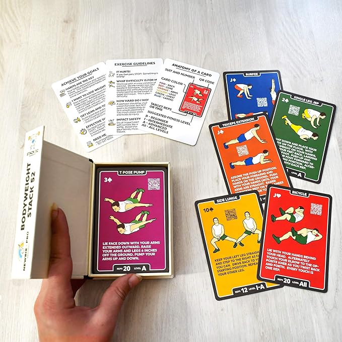 Stack 52 Bodyweight Exercise Cards: Workout Playing Card Game. Designed by a Military Fitness Expert. Video Instructions Included. No Equipment Needed. Burn Fat Build Muscle.