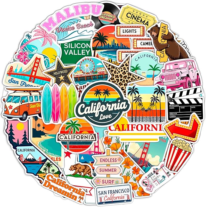 100Pcs California Stickers for Water Bottle, Laptops, Beach Stickers, Decals - California Gifts & Party Decor & Favors - Gift for Women & Men