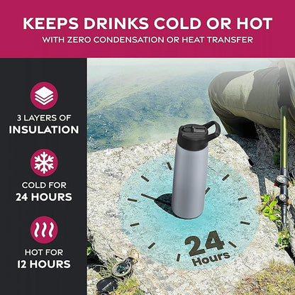 FineDine Triple Walled, Insulated Water Bottles with Straw - 25 Oz Stainless Steel Metal Bottle W/ 3 Leak Proof Lids - For Travel, School, Sports, Gym/Men, Women & Kids - Modern Lava Gray