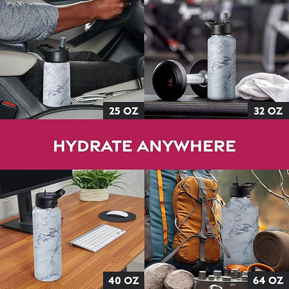 FineDine Triple Walled, Insulated Water Bottles with Straw - 25 Oz Stainless Steel Metal Bottle W/ 3 Leak Proof Lids - For Travel, School, Sports, Gym/Men, Women & Kids - Fresh White Marble