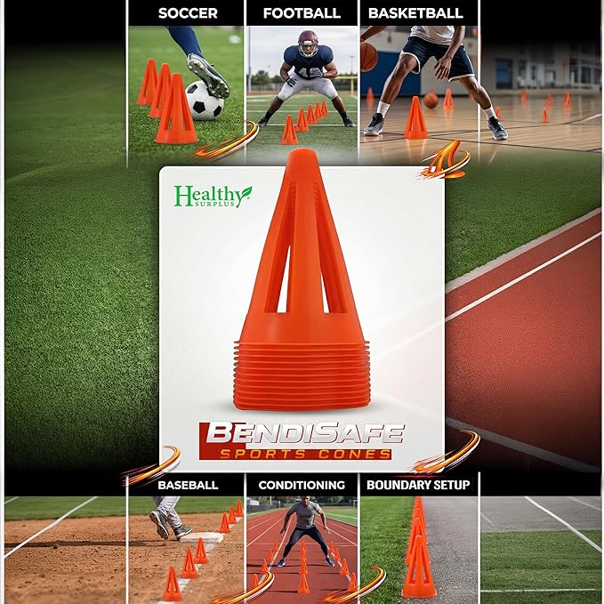 Soccer Training Cones Set of 12 - Flexible Agility Marker Cones for Soccer, Football & Basketball Drills- 9” Tall with 6” Base – High Visibility Orange Field Marker Cones - Made in USA - BendiSafe
