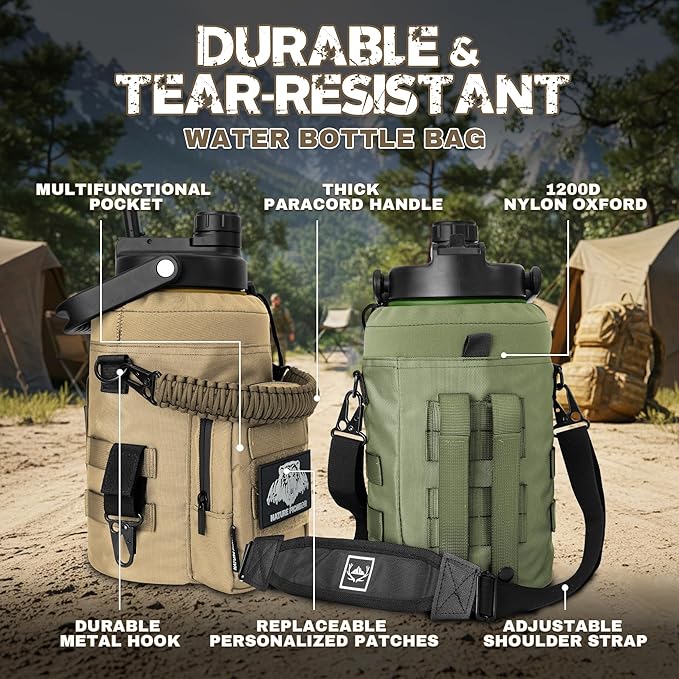NATURE PIONEOR 1 Gallon Tactical Water Bottle Set, Stainless Steel 128 oz Sport Water Bottle with Tactical MOLLE Bottle Carrier Sleeve, for Outdoor Work, Gym, Hiking, Camping