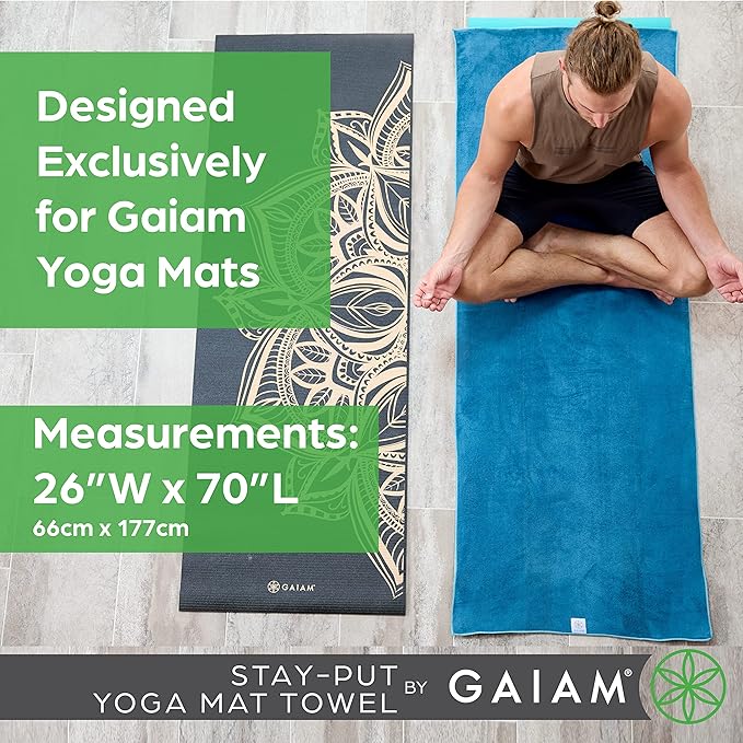 Gaiam Yoga Towel - Mat Sized Active Dry Non Slip Moisture Wicking Sweat Absorbent Microfiber Hot Yoga Towel for Women & Men | Stay-Put Corner Pockets (70" Long x 26" Wide)