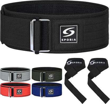 SPORIA Self-Locking Weight Lifting Belt | 4 inch Back Support | Includes Lifting Straps