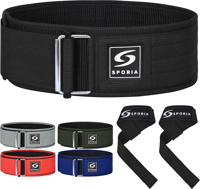 SPORIA Self-Locking Weight Lifting Belt | 4 inch Back Support | Includes Lifting Straps