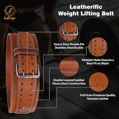 Premium Leather Weight Lifting Belt for Men & Women - 8MM Thick, 4" Wide, Heavy Duty Gym Belt with Steel Buckle for Weightlifting, Powerlifting, Strength Training, Squat or Deadlift Workout, Lower Back Support