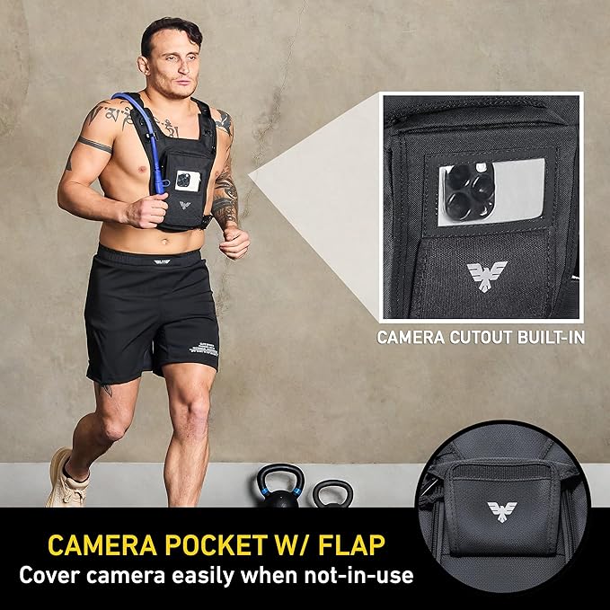 Elite Hydra Running Chest Pack w/ Gun Holster, Phone Holder Touch Friendly, Camera Pocket for Men/Women Lightweight Hydration Vest Chest Rig w/ Water Bladder for Marathon, Cycling, ADV Camping, Skiing